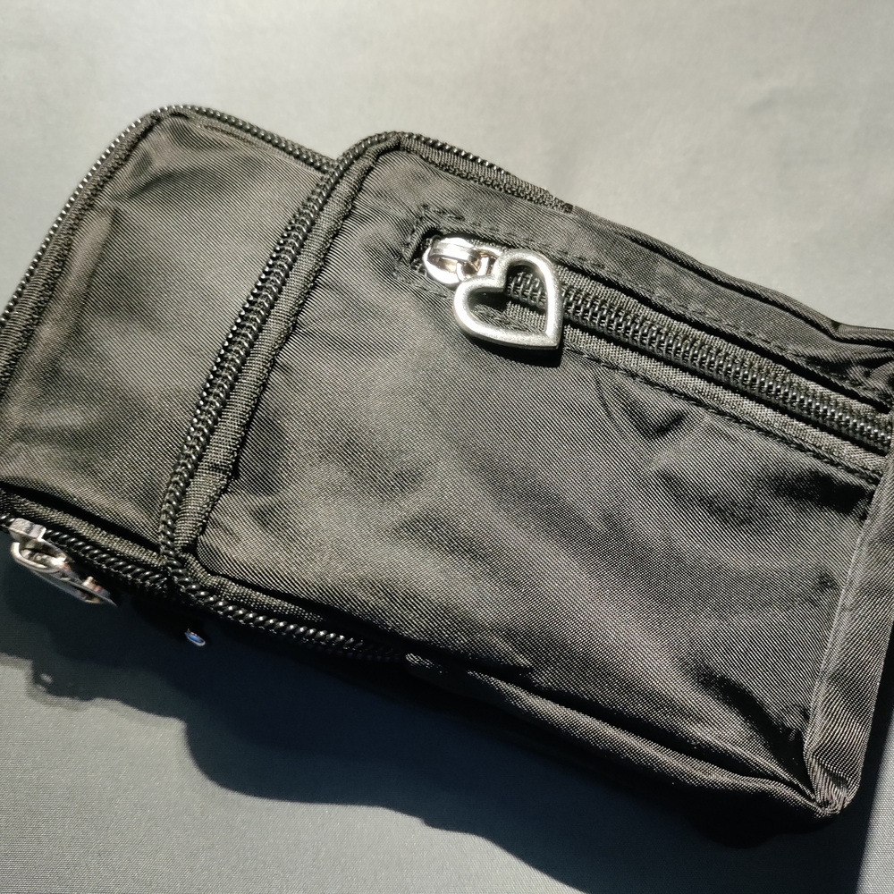 NEW Sleek Black Belt Phone Bag with Heart Zippers Detail